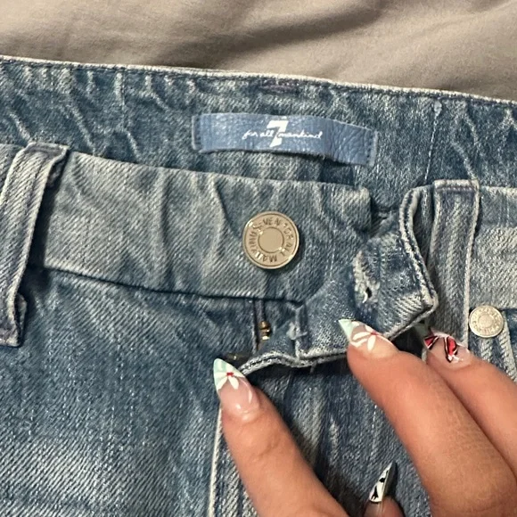 7 For All Mankind Light Blue Denim Mini Skirt with Frayed Hem - Picture 2 of 6